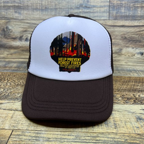 Shell Gas & Oil Mens Trucker Hat Brown Prevent Forest Fires Vintage Ads Ball Cap - Picture 2 of 8